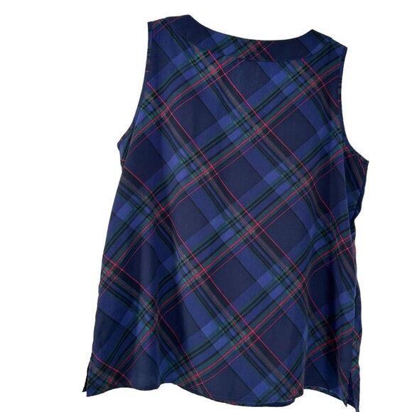 Talbots Plaid Top Blue Sleeveless Round Neck Size M Pin Tucked Classic Preppy - Picture 3 of 7